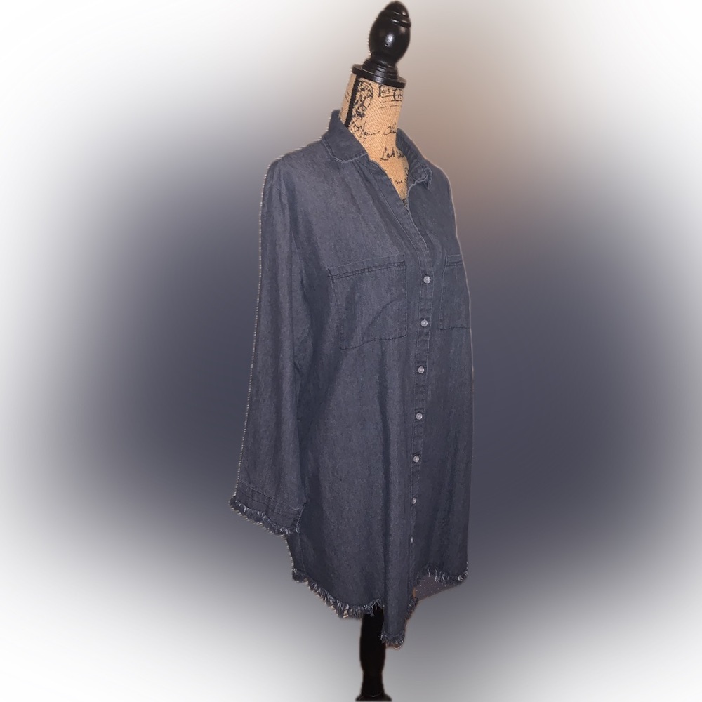 Francis Cabrel Dark Blue Gray Button Collar Shirt Dress Tunic Fringe Frayed 2XL